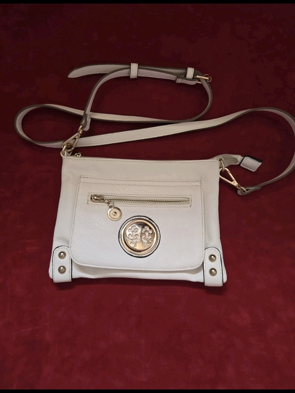 White Crossbody Bag with Gold Emblem
